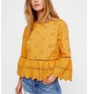 Free People Merci Beaucoup Bell Sleeve Ruffle Eyelet
Blouse Top Golden Mustard